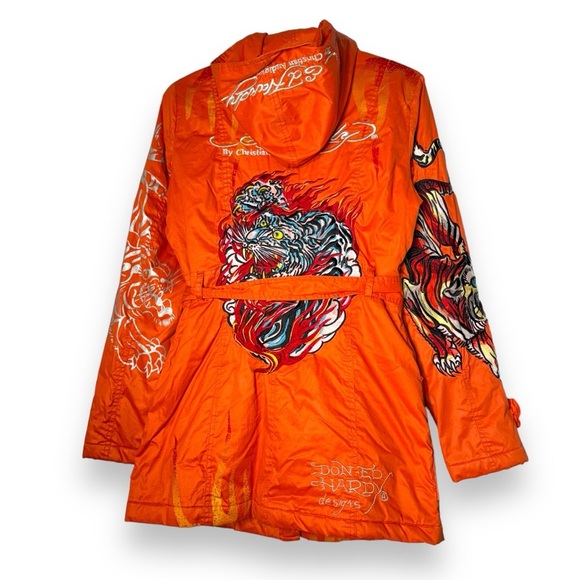 Ed Hardy Jackets & Blazers - VTG Ed Hardy Trech Coats Embroidered Tiger Tattoo Y2K  Women Small Orange Gothic